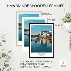 Tavira Algarve Poster, Portugal Travel Print, Wall Art in handmade wooden frames available in natural, white, and black.