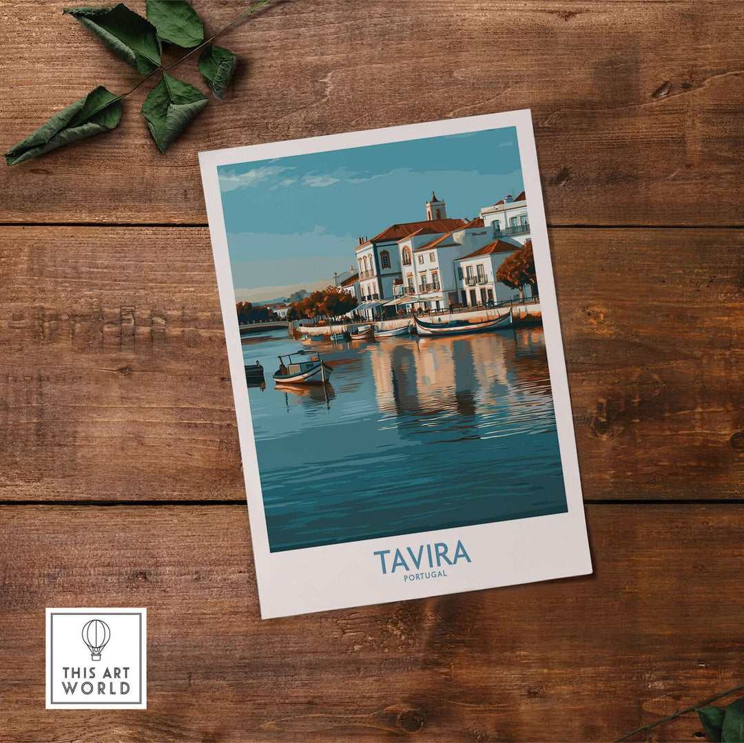 Tavira Algarve poster showcasing scenic waterfront buildings and boats, perfect for wall art and travel enthusiasts.