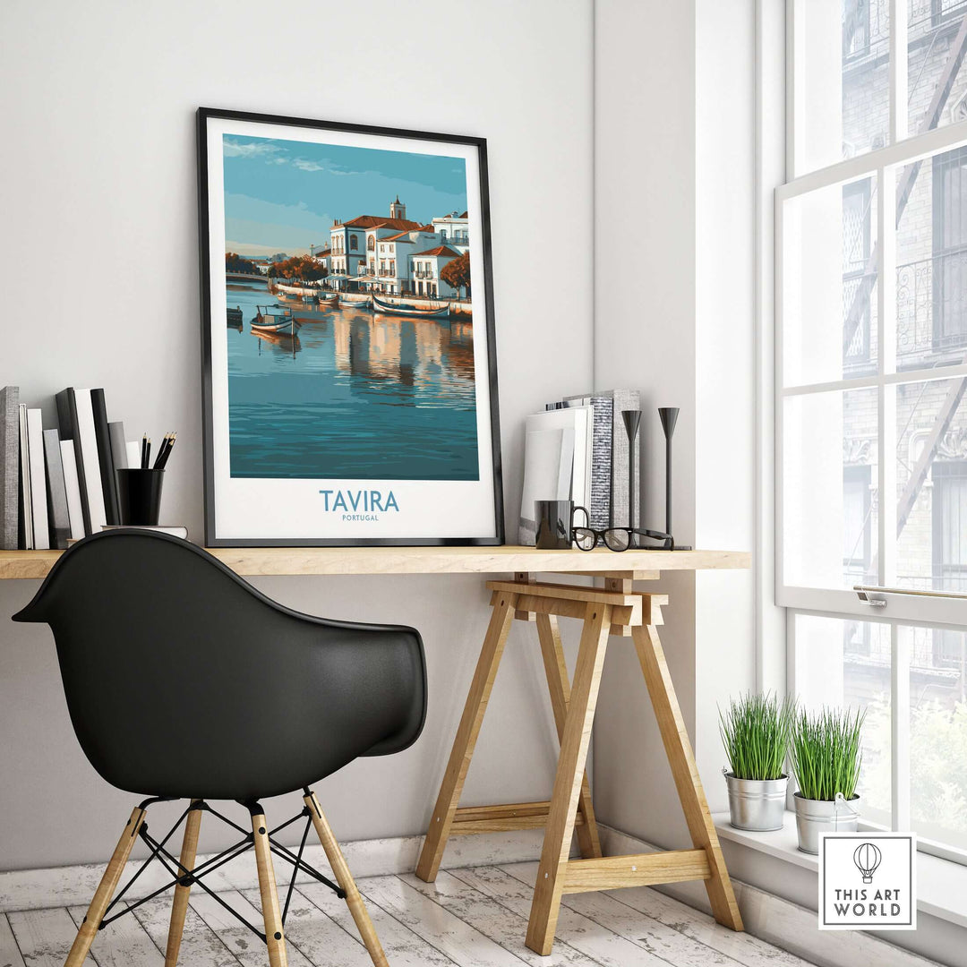 Tavira Algarve poster displayed in a stylish home office, showcasing Portugal's coastal beauty and charming architecture.