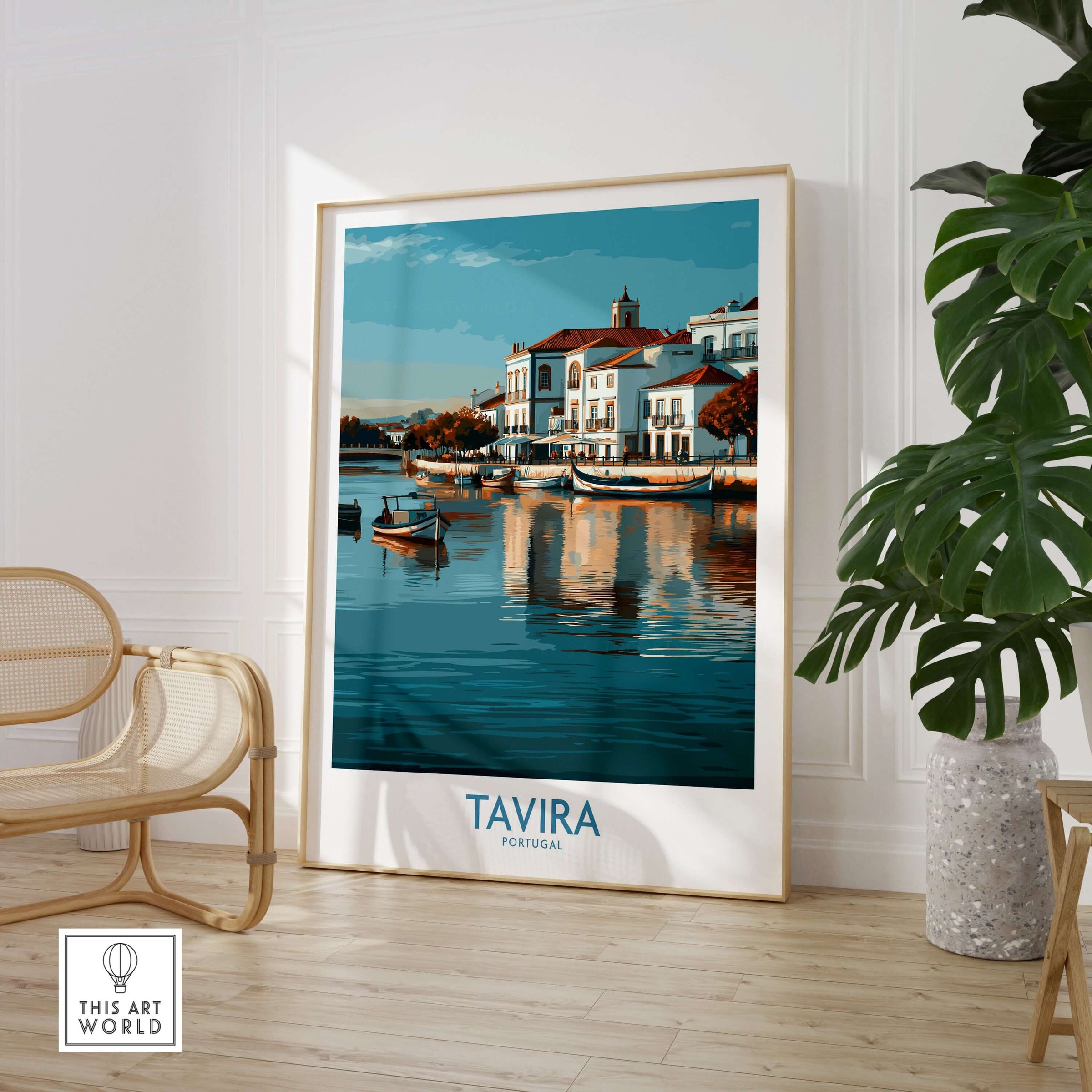 Tavira Algarve Poster, Portugal Travel Print, Wall Art featuring coastal views and charming architecture in a living space.