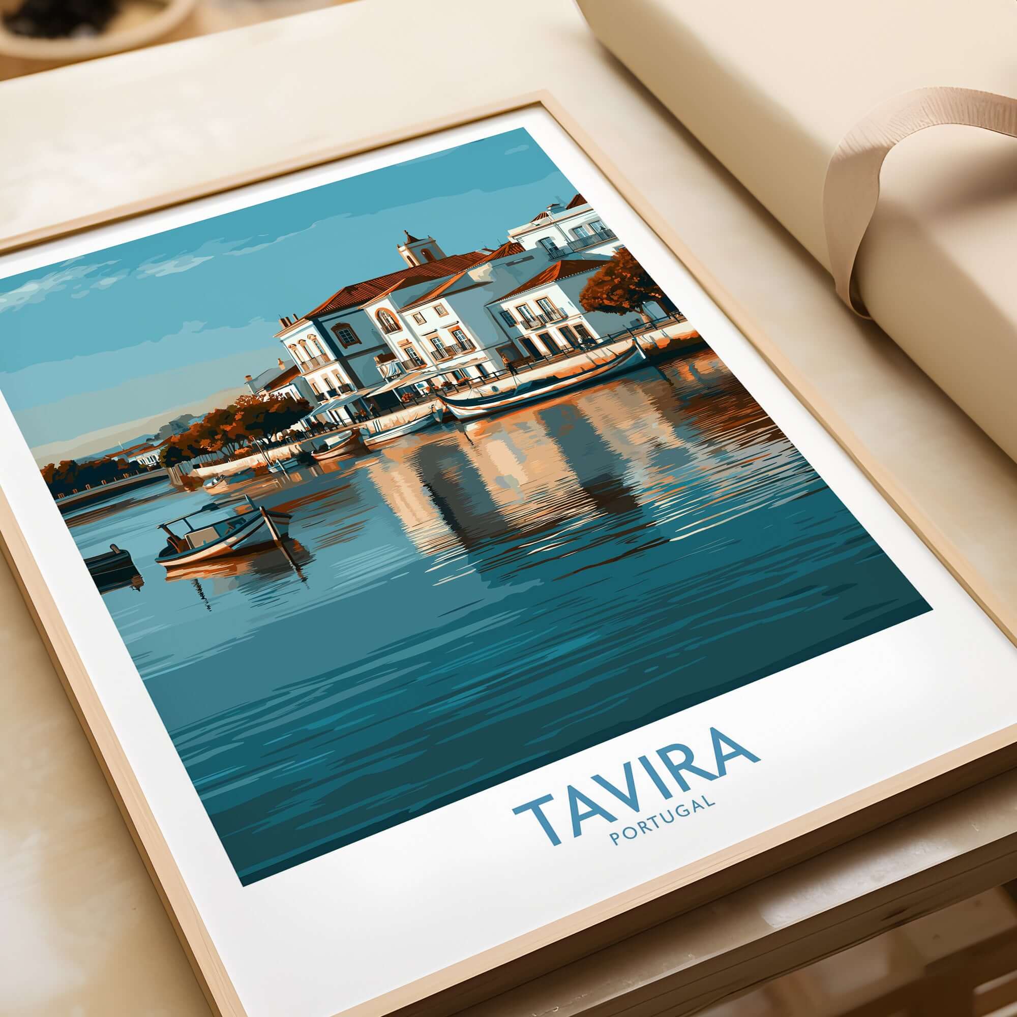 Tavira Algarve Poster, Portugal Travel Print, Wall Art showcasing scenic Tavira with reflection in water.