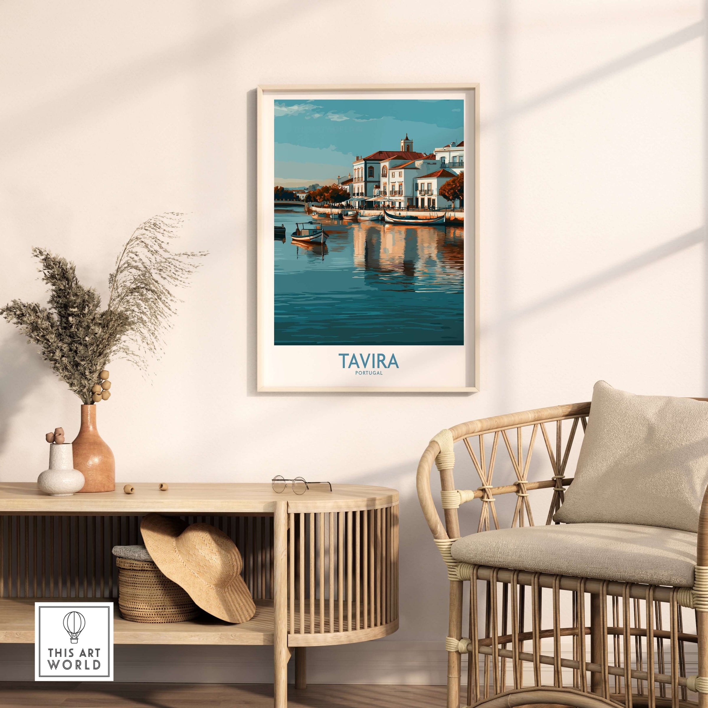 Tavira Algarve Poster, Portugal Travel Print, Wall Art displayed in a stylish living room setting.