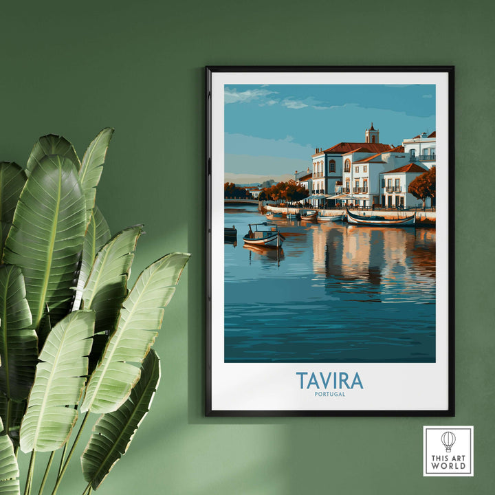 Tavira Algarve poster showcasing charming waterfront view in Portugal, perfect wall art for travel enthusiasts.