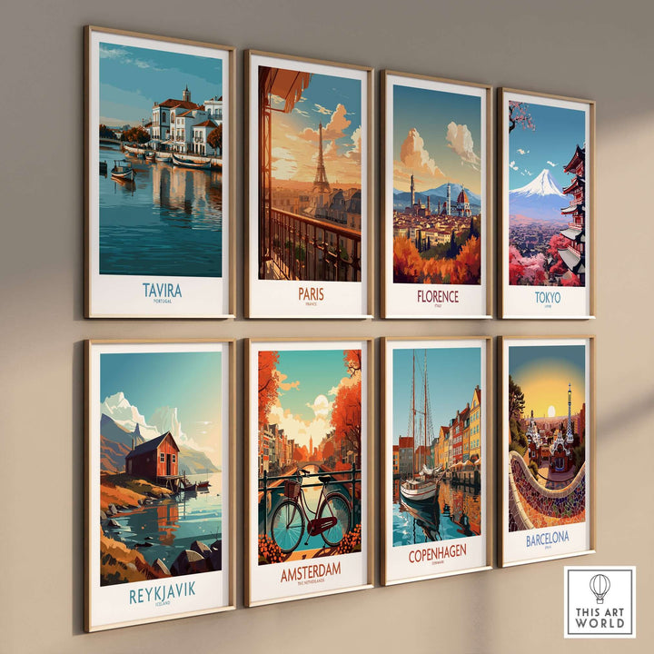 Collection of travel posters featuring Tavira, Paris, Florence, Tokyo, Reykjavik, Amsterdam, Copenhagen, and Barcelona.