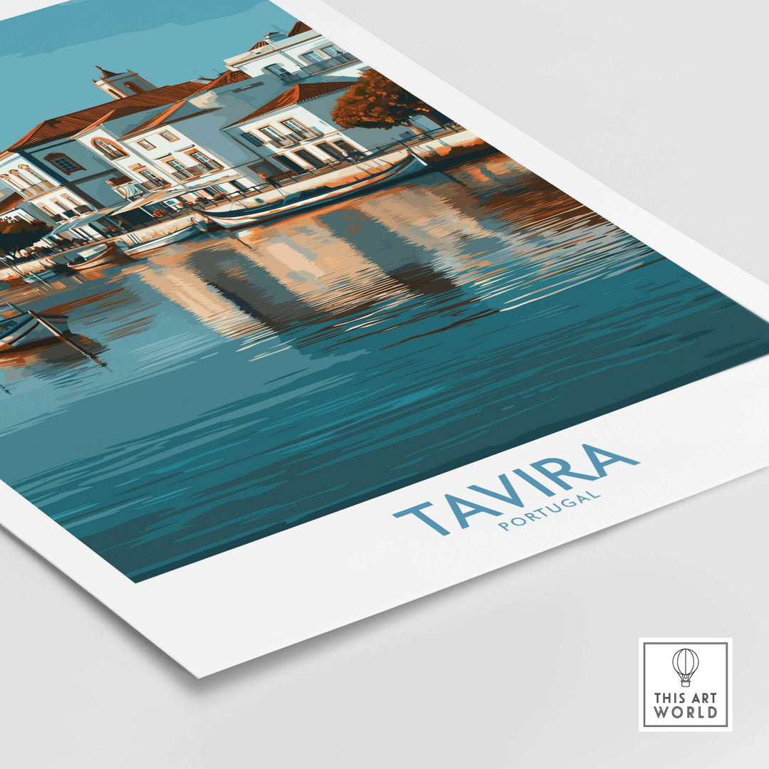 Tavira Algarve poster featuring charming coastal houses and reflections in water, perfect for home decor.