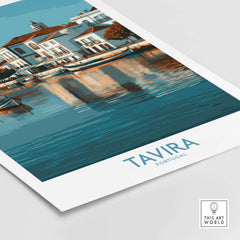 Tavira Algarve Poster, Portugal Travel Print, Wall Art featuring charming waterfront scene of Tavira, Portugal.