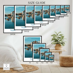 Size guide for Tavira Algarve Poster, Portugal Travel Print, Wall Art in various dimensions displayed in a modern living room.