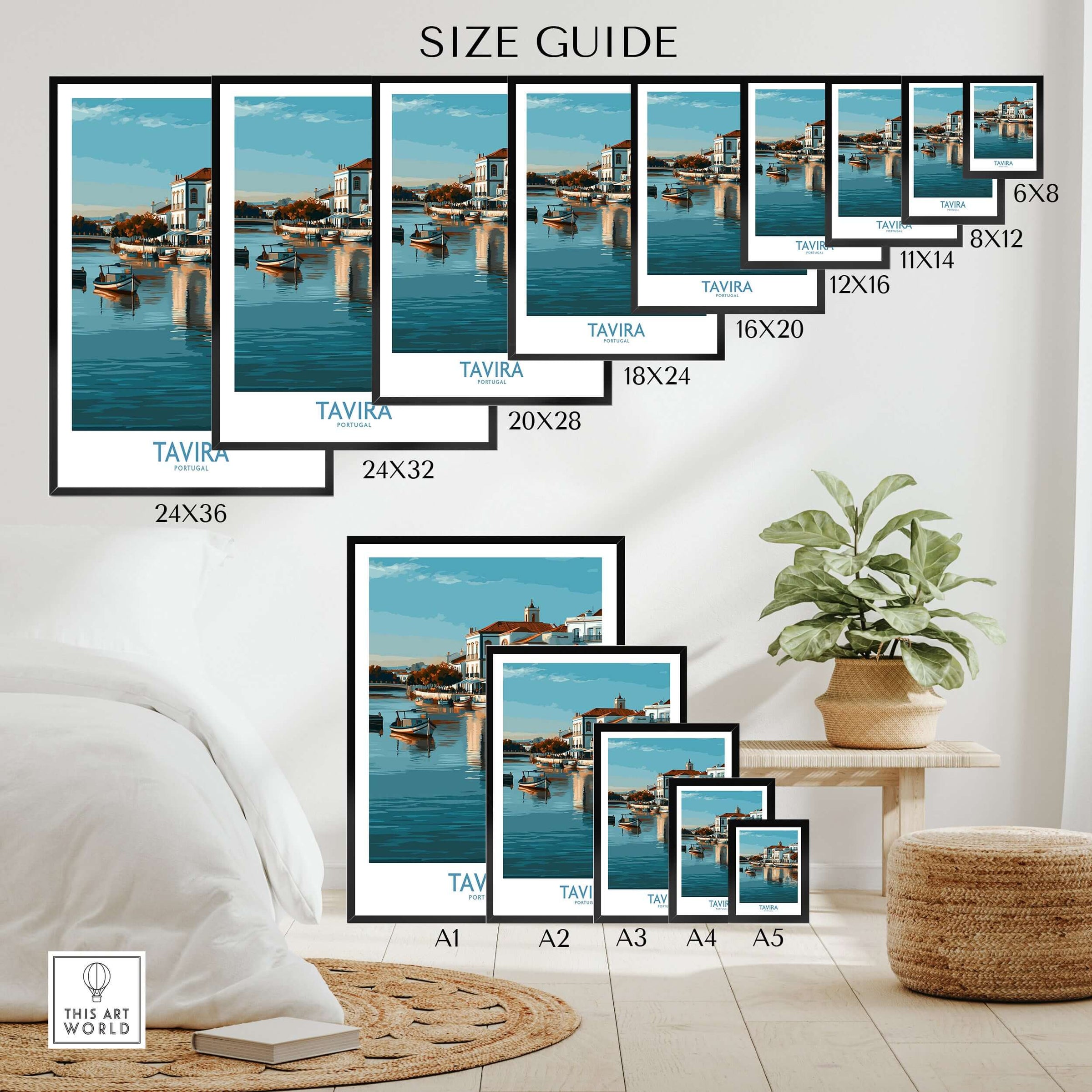 Size guide for Tavira Algarve Poster, Portugal Travel Print, Wall Art in various dimensions displayed in a modern living room.