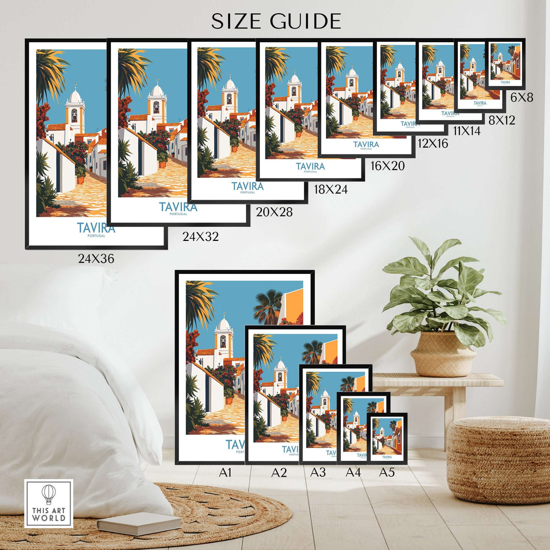 Size guide for Tavira Old Town poster, showing different print sizes and styles on a stylish interior setting.