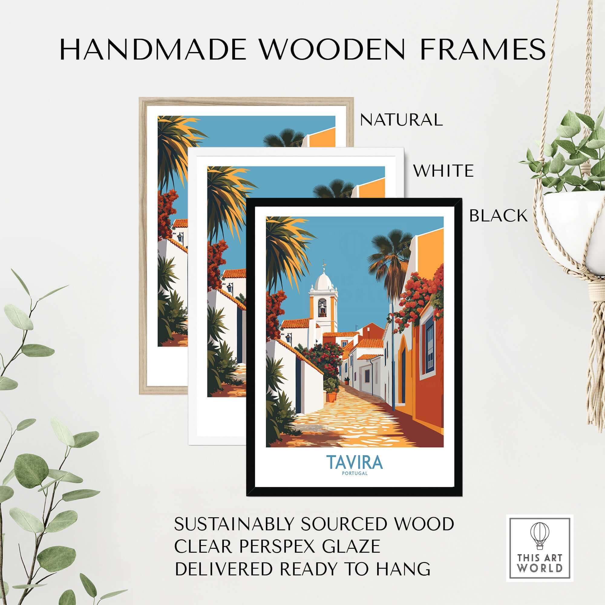 Handmade wooden frames in natural, white, and black, showcasing Tavira Old Town Poster, Portugal Travel Print, Traditional Street Wall Art.