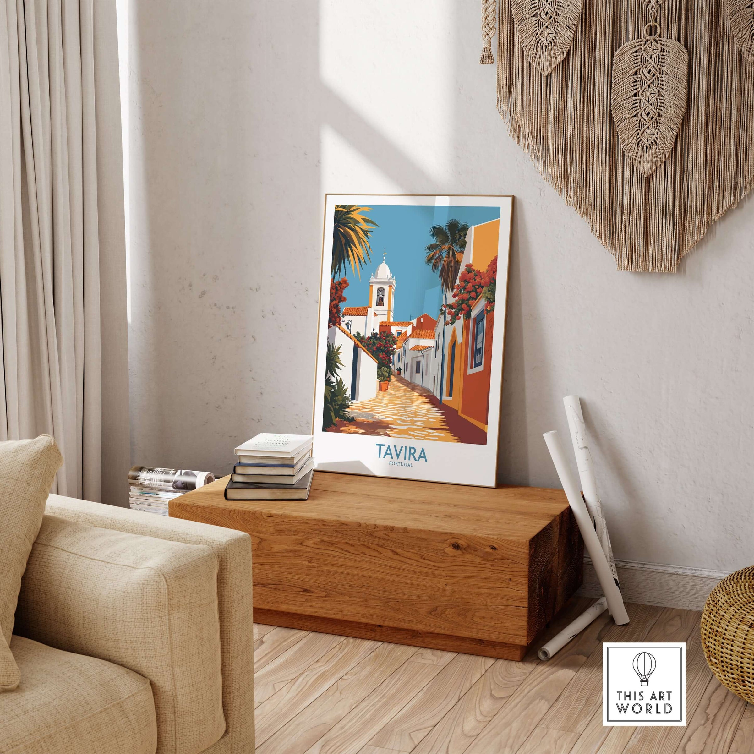 Tavira Old Town Poster, Portugal Travel Print, Traditional Street Wall Art displayed in a cozy living room setting.
