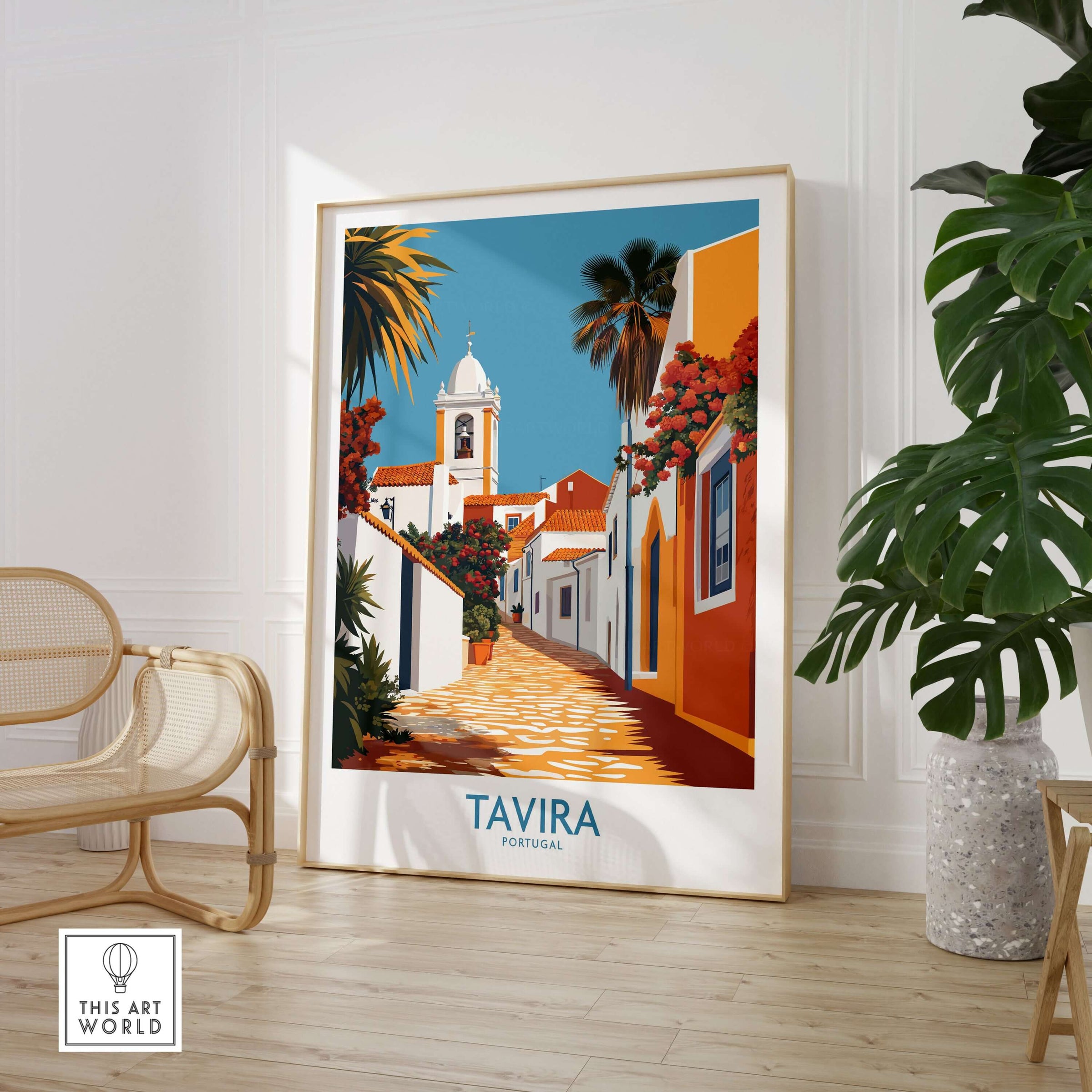 Tavira Old Town Poster, Portugal Travel Print, Traditional Street Wall Art displayed in a modern room setting.