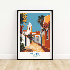 Tavira Old Town Poster, Portugal Travel Print, Traditional Street Wall Art featuring colorful street scene in Tavira.