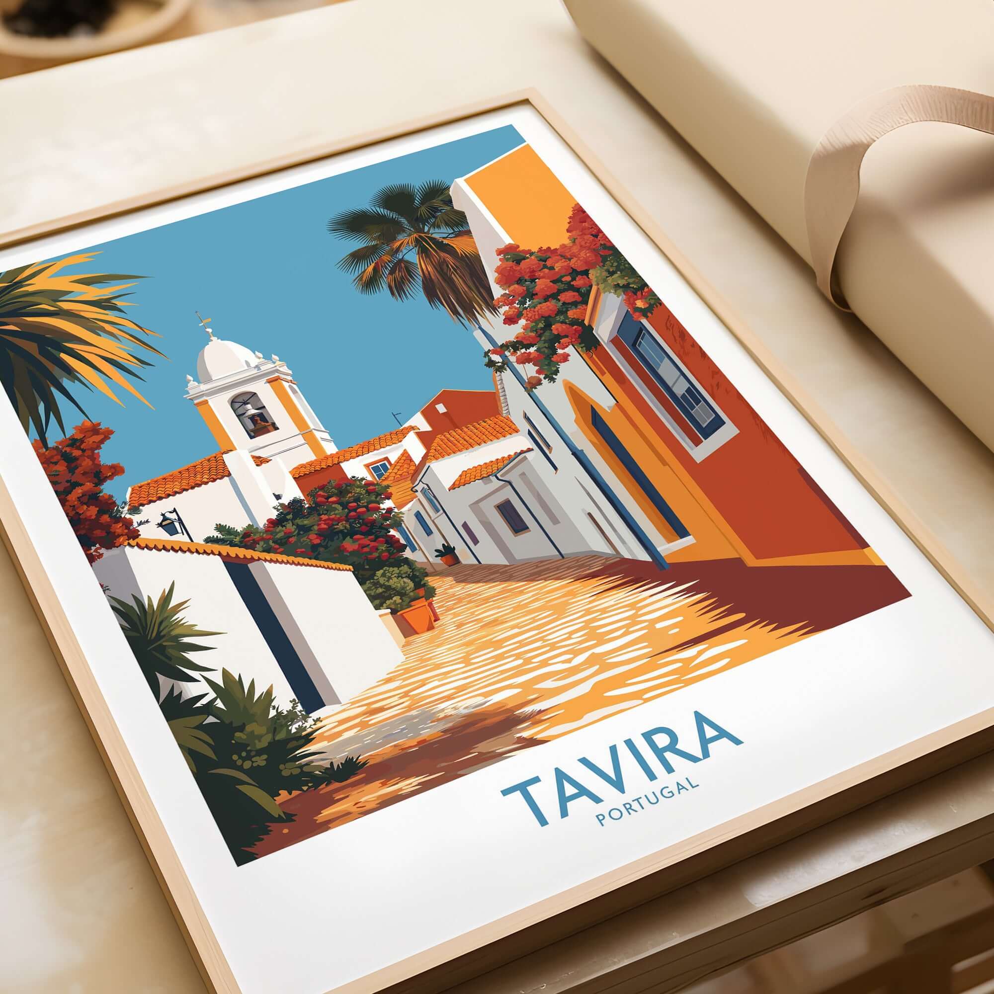 Tavira Old Town Poster, Portugal Travel Print, Traditional Street Wall Art displayed on a wooden table.