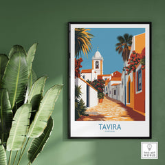 Tavira Old Town Poster, Portugal Travel Print, Traditional Street Wall Art showcasing charming streets and architecture.
