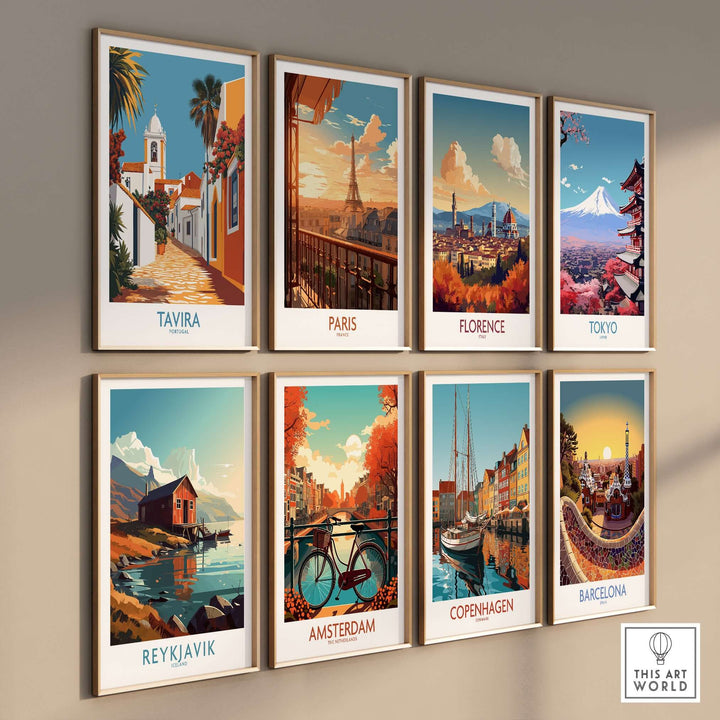 Collection of travel posters featuring Tavira, Paris, Florence, Tokyo, Reykjavik, Amsterdam, Copenhagen, and Barcelona.