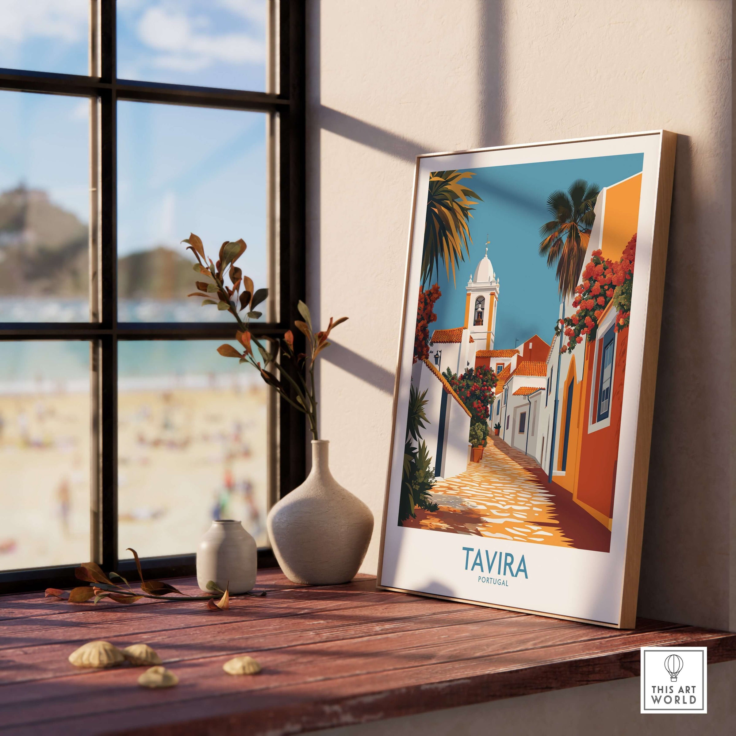 Tavira Old Town Poster, Portugal Travel Print, Traditional Street Wall Art displayed on a wooden table by a sunlit window.