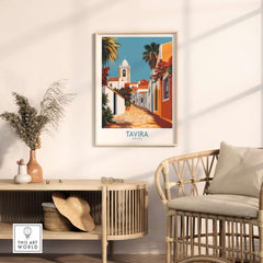 Tavira Old Town Poster, Portugal Travel Print, Traditional Street Wall Art displayed in a cozy living room setting.