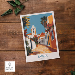 Tavira Old Town Poster, Portugal Travel Print, Traditional Street Wall Art displayed on wooden background.