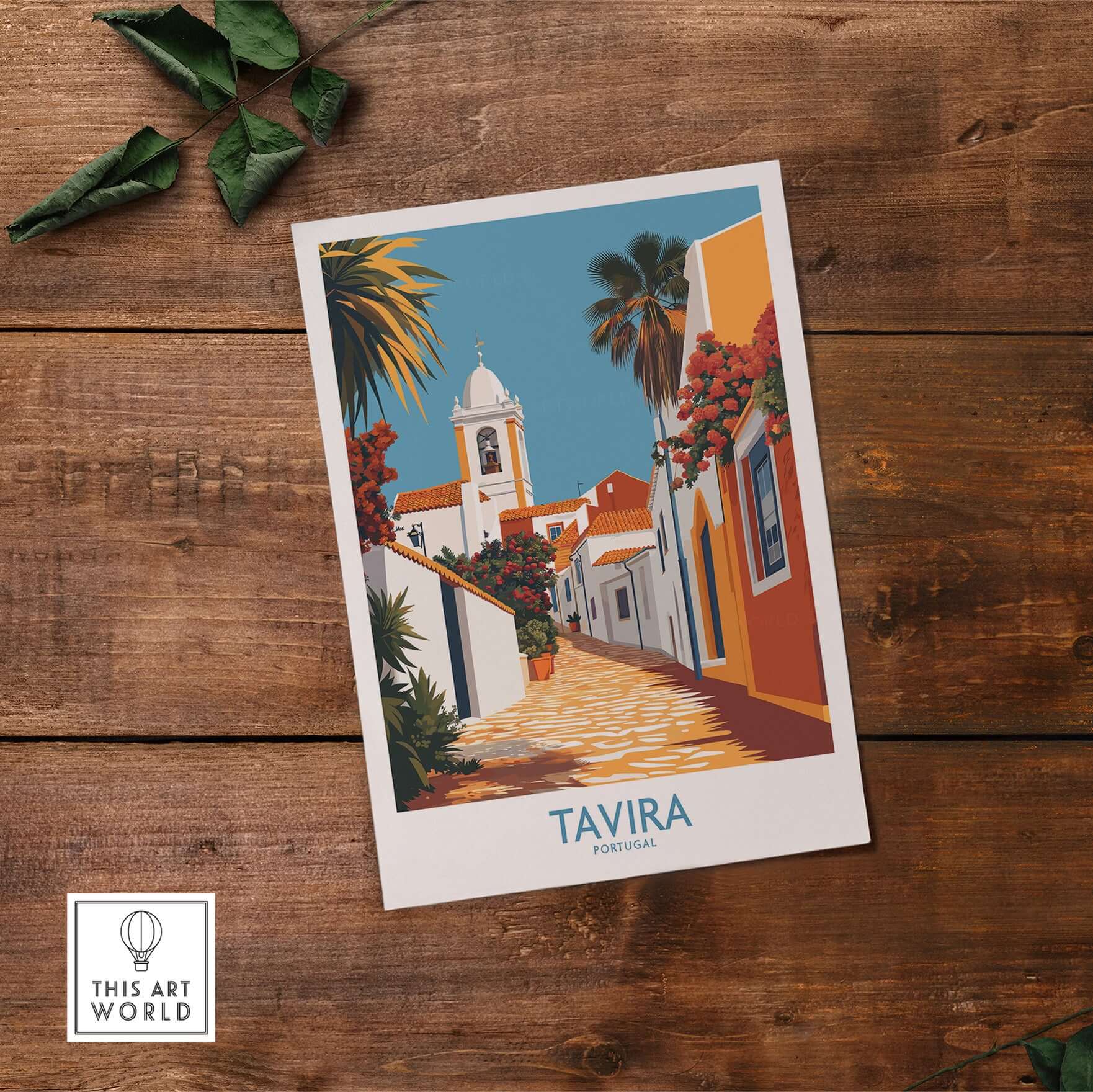 Tavira Old Town Poster, Portugal Travel Print, Traditional Street Wall Art displayed on wooden background.