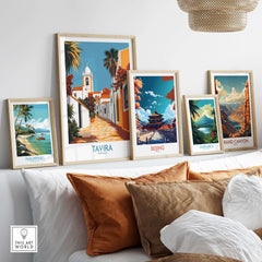 Tavira Old Town Poster, Portugal Travel Print, Traditional Street Wall Art displayed among other travel posters.