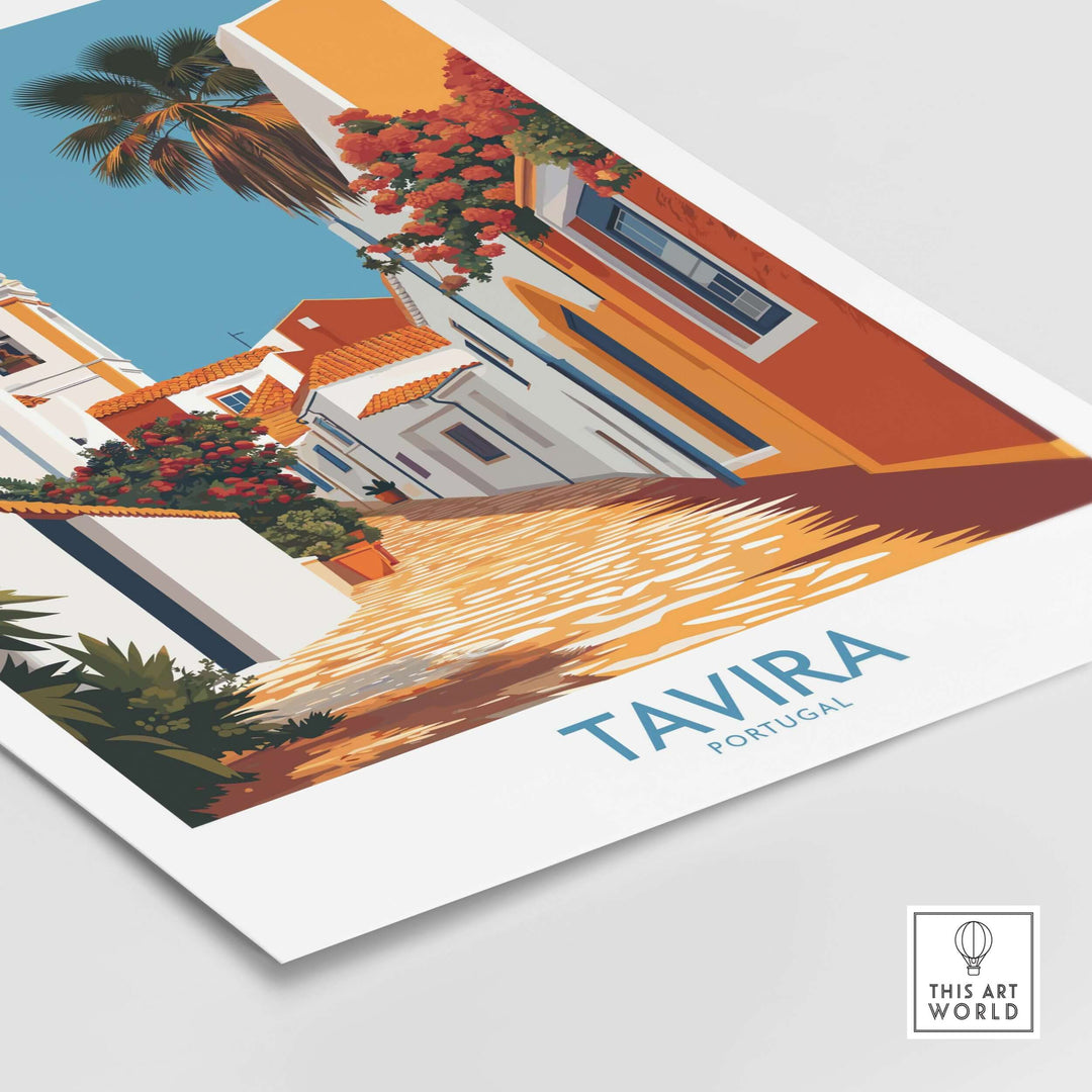 Tavira Old Town poster showcasing traditional streets and colorful architecture, Portugal travel wall art.