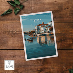 Algarve Tavira Wall Decor, Portugal Cityscape Poster, River Gilão Print showcasing serene Tavira architecture and river.