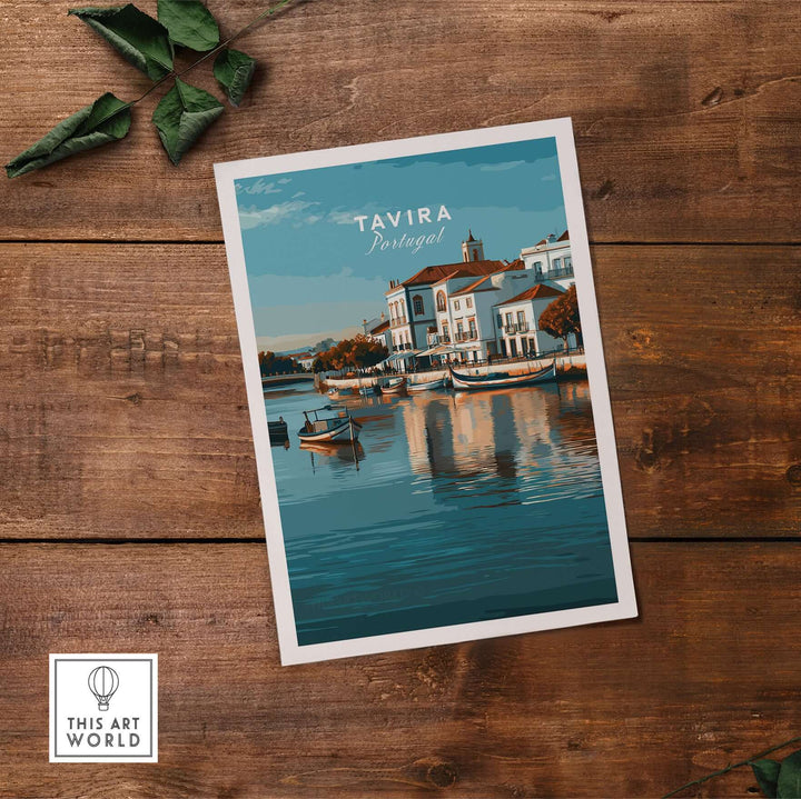 Tavira, Portugal cityscape poster showcasing River Gilão and charming architecture on a calm day.