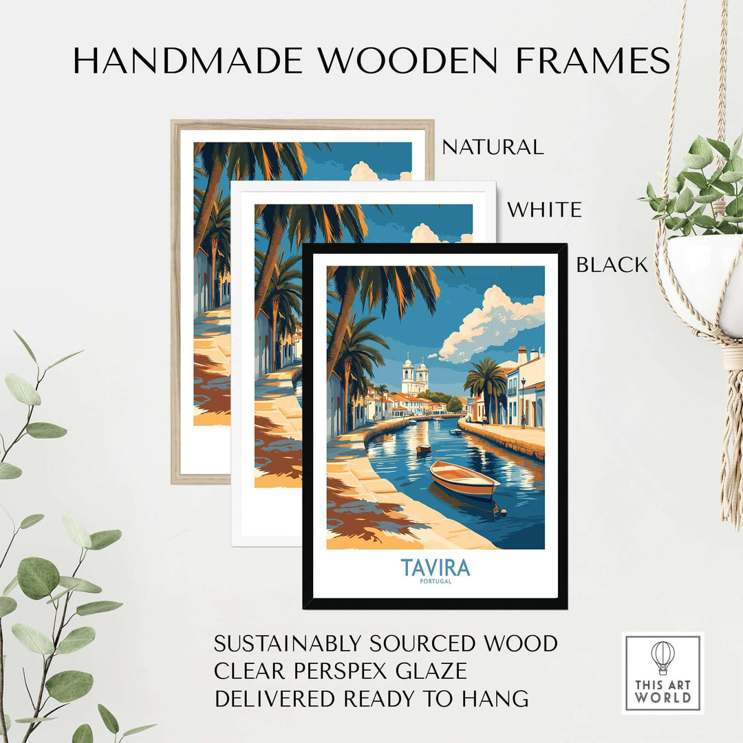 Handmade wooden frames in natural, white, and black showcasing Tavira riverside poster, perfect for home decor.