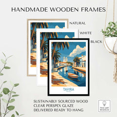 Tavira Riverside Poster, Portugal Travel Print framed in handmade wooden frames in natural, white, and black styles.