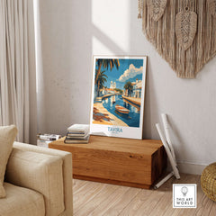 Tavira Riverside Poster, Portugal Travel Print displayed in a cozy living room setting.