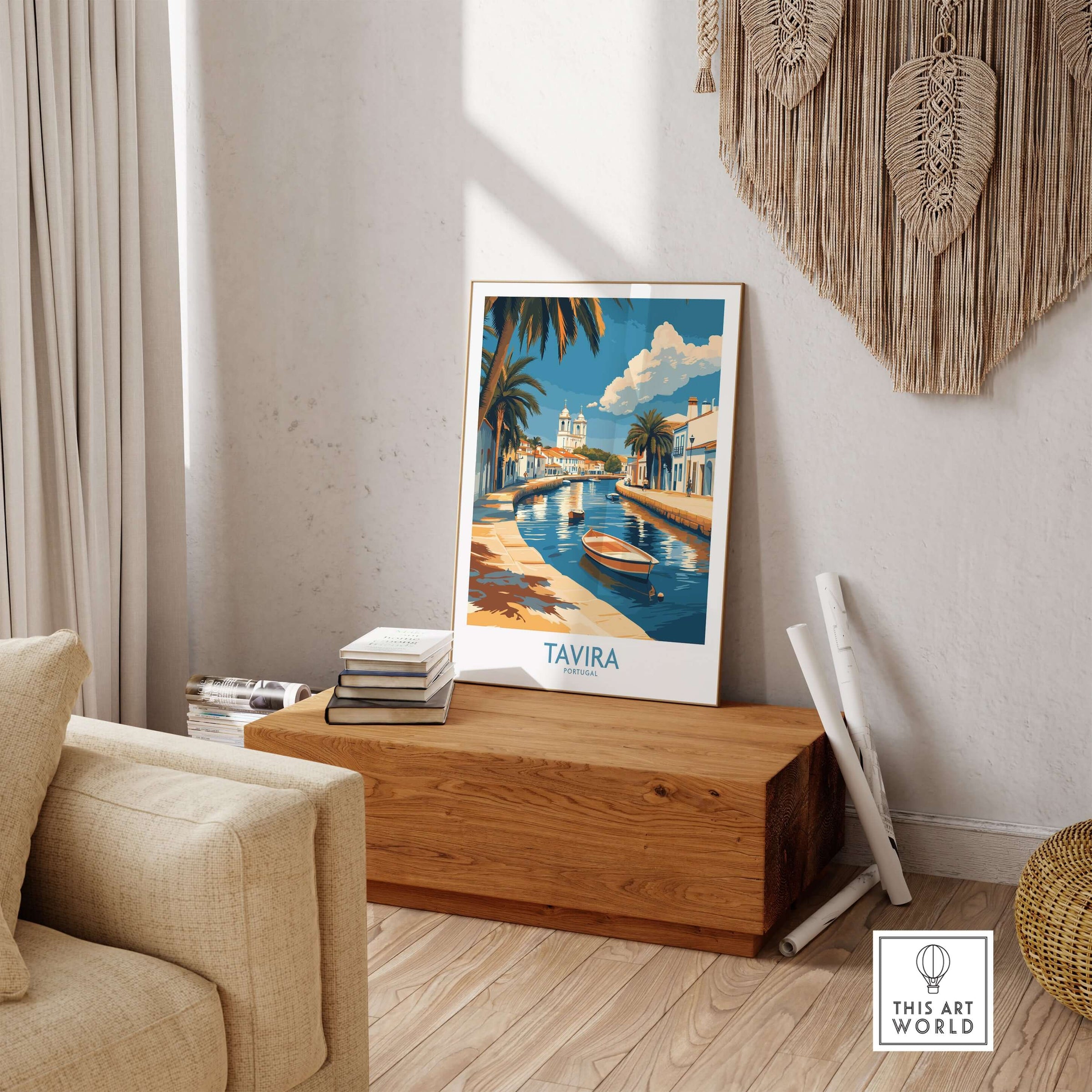Tavira Riverside Poster, Portugal Travel Print displayed in a cozy living room setting.
