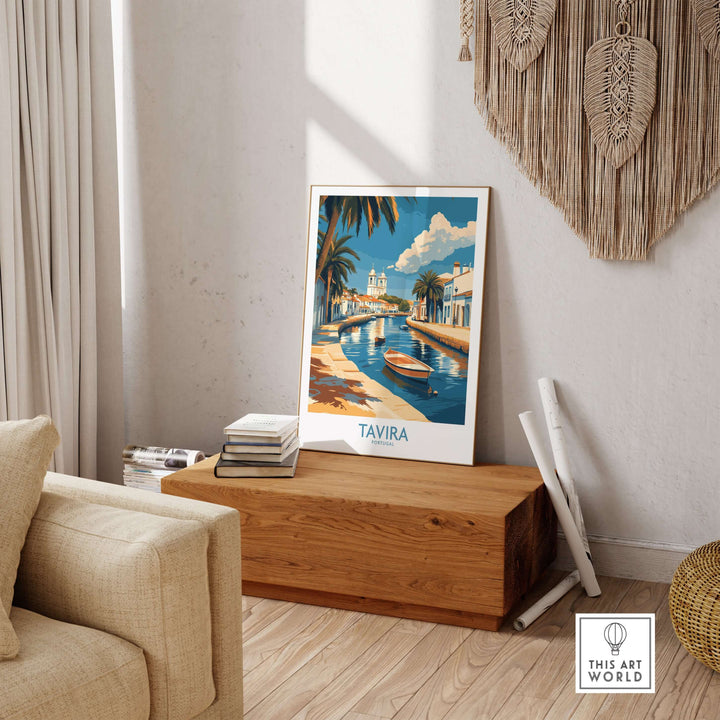 Tavira Riverside Poster showcasing tranquil landscapes of Tavira, Portugal in an inviting interior setting.