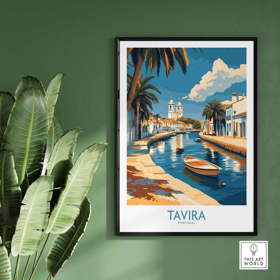 Tavira Riverside Poster showcasing Portugal's scenic riverside with a boat, enhancing home decor.