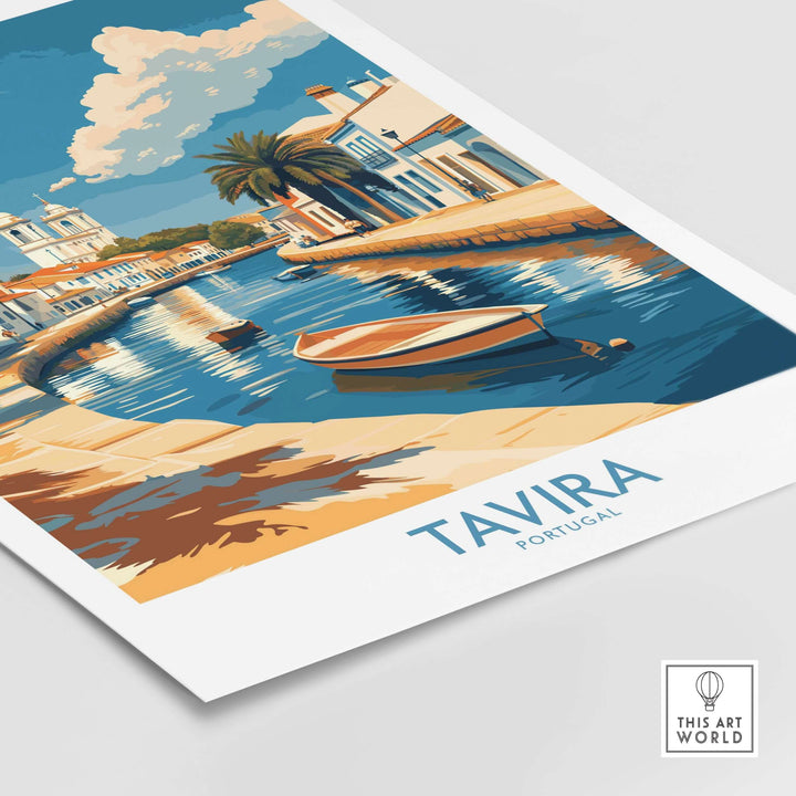 Tavira Riverside Poster featuring scenic landscape of Tavira, Portugal with boats and palm trees.
