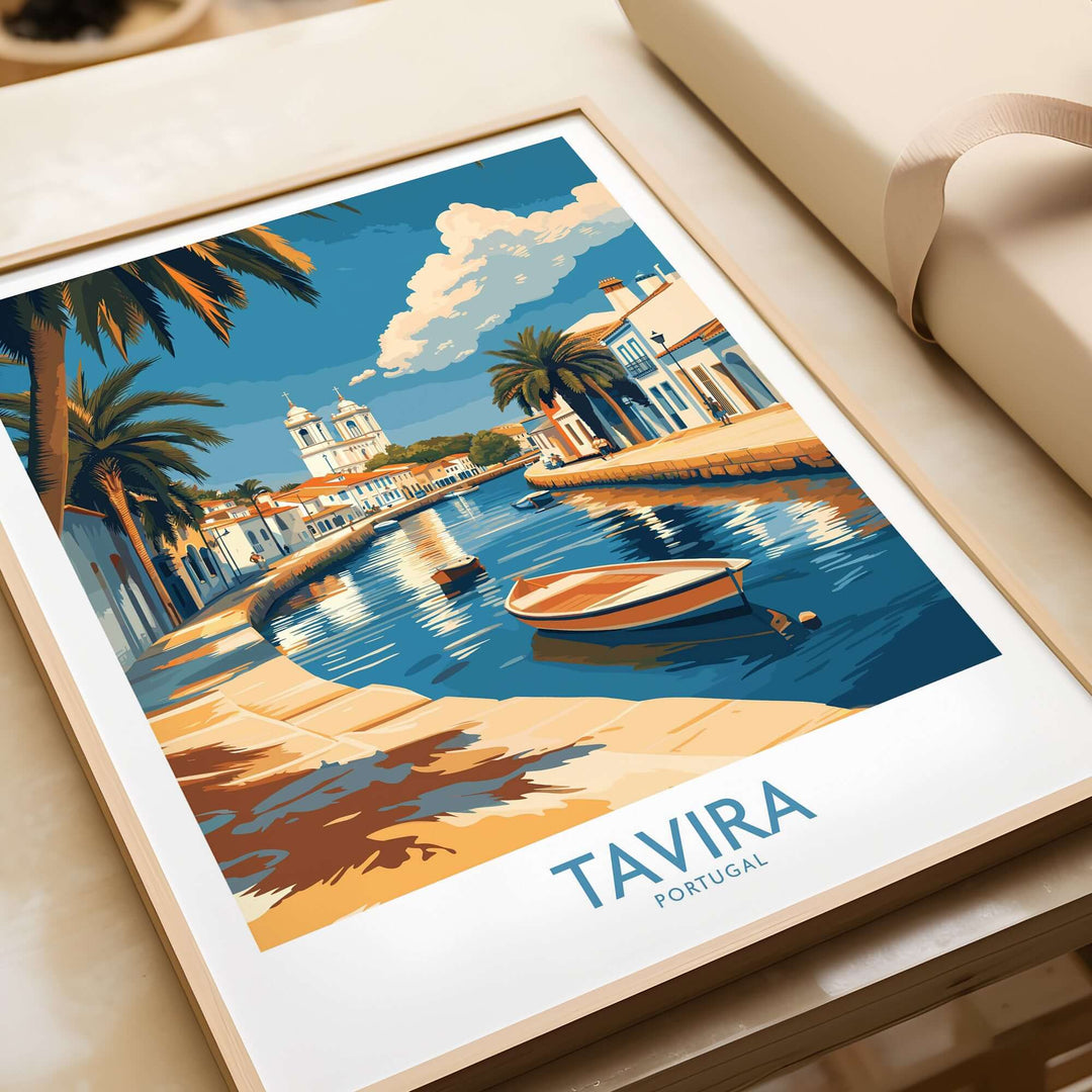 Tavira Riverside Poster featuring a scenic view of Portugal with palm trees and a boat on a tranquil river.