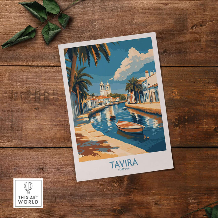 Tavira Riverside Poster featuring picturesque scenery and a boat in the charming town of Tavira, Portugal.