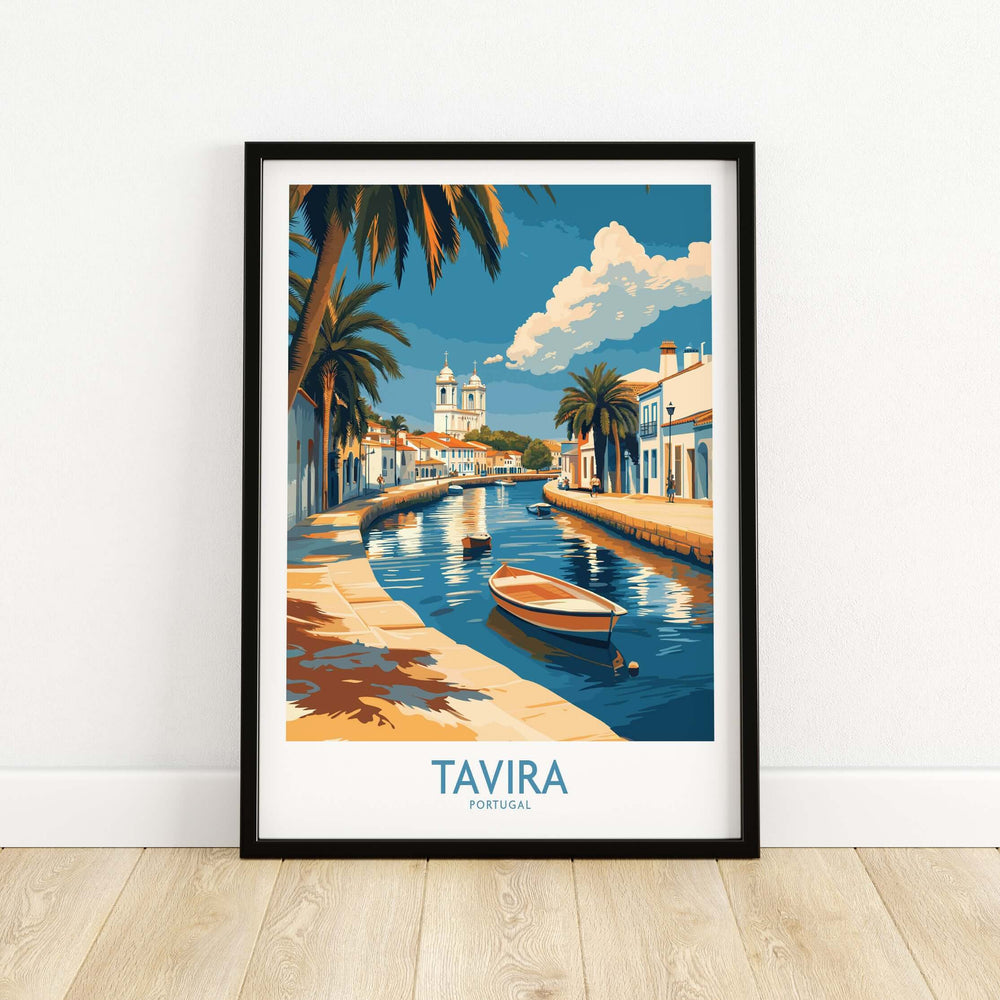Tavira Riverside Poster featuring a tranquil canal scene in Portugal with palm trees and a serene boat.