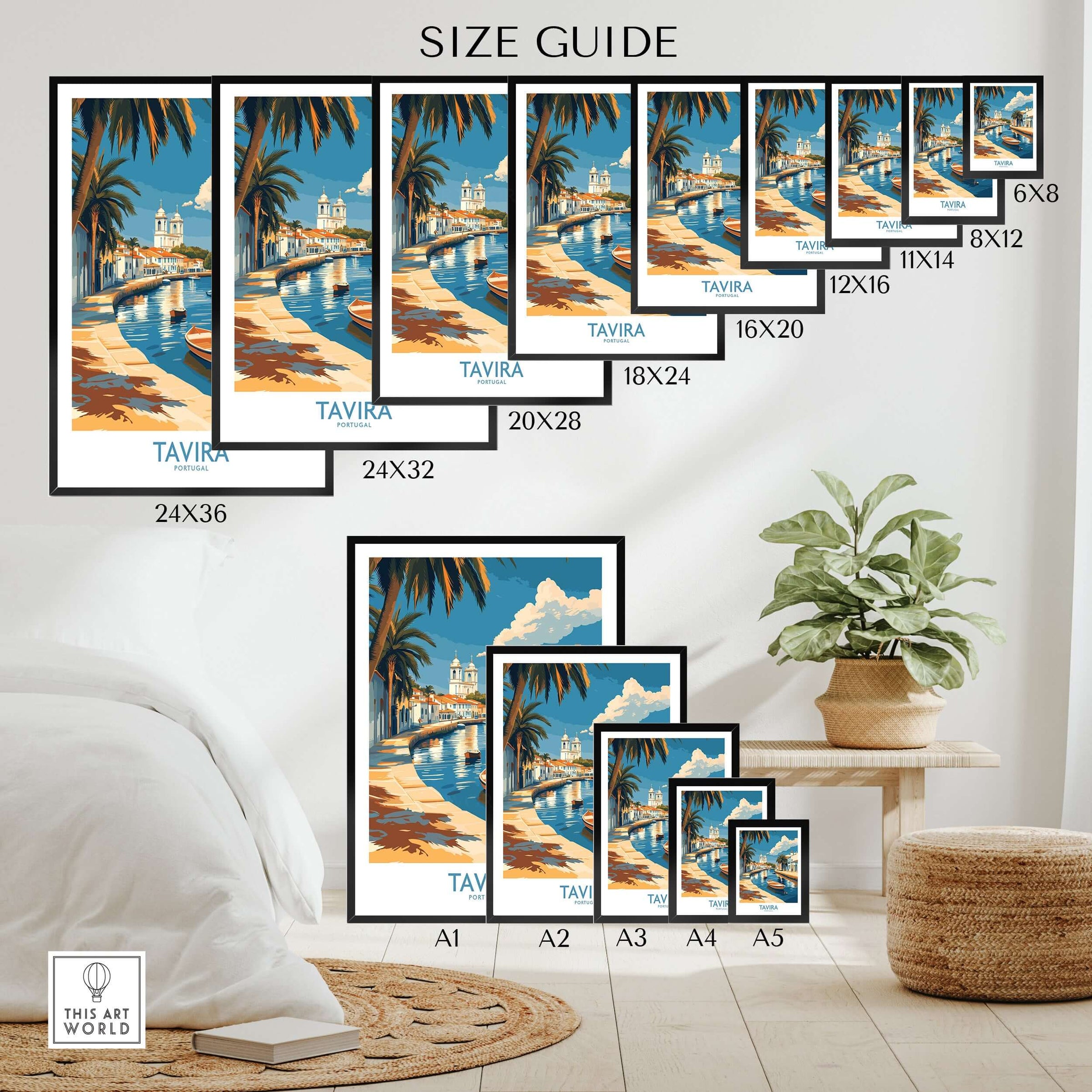 Tavira Riverside Poster, Portugal Travel Print size guide showcasing various frame sizes.