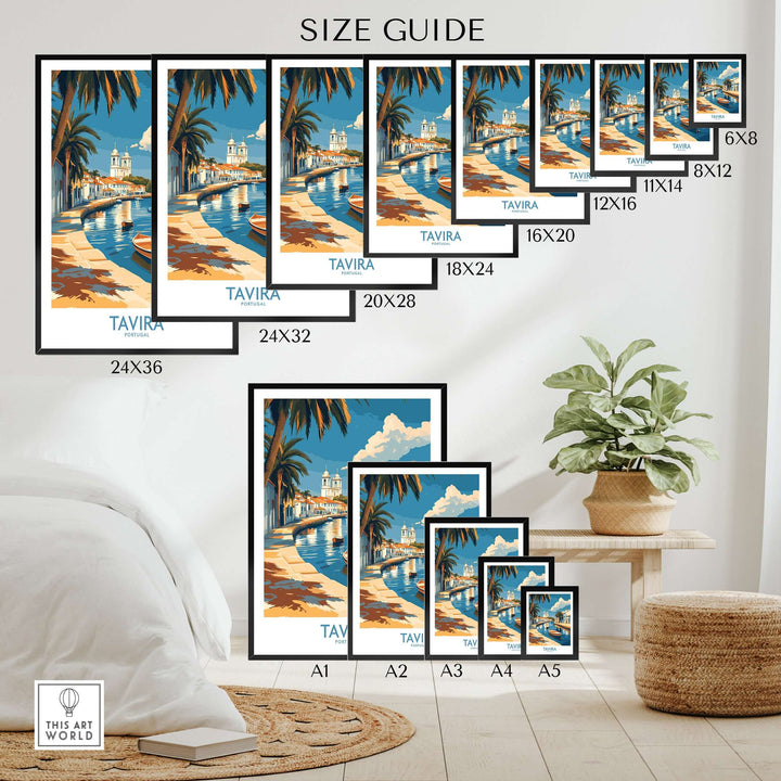 Size guide showing various dimensions for the Tavira Riverside Poster, Portugal Travel Print.