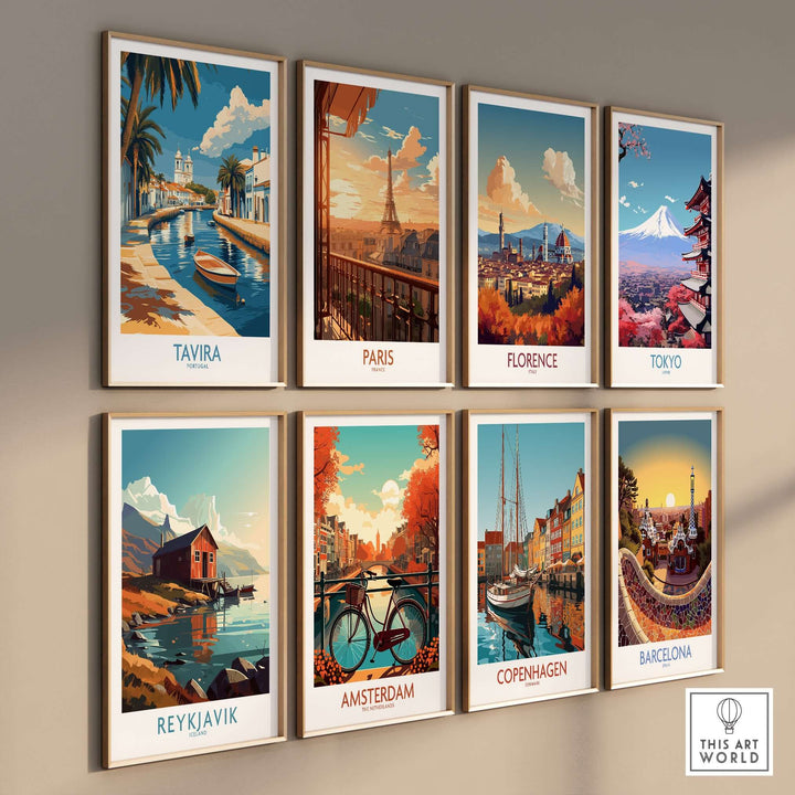 Collection of travel posters featuring Tavira, Paris, Florence, Tokyo, Reykjavik, Amsterdam, Copenhagen, and Barcelona.
