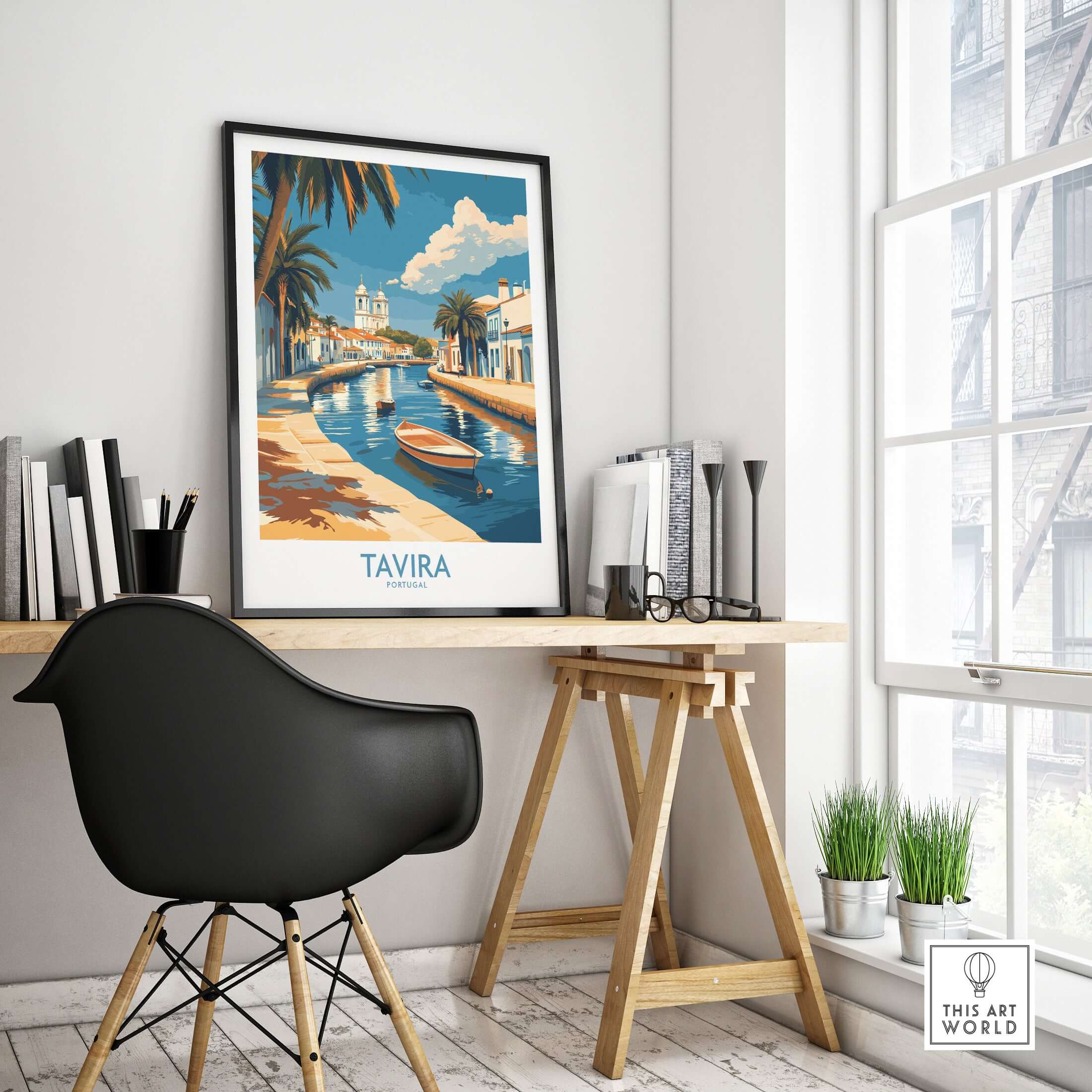 Tavira Riverside Poster, Portugal Travel Print displayed in a modern workspace with a stylish chair and decor.