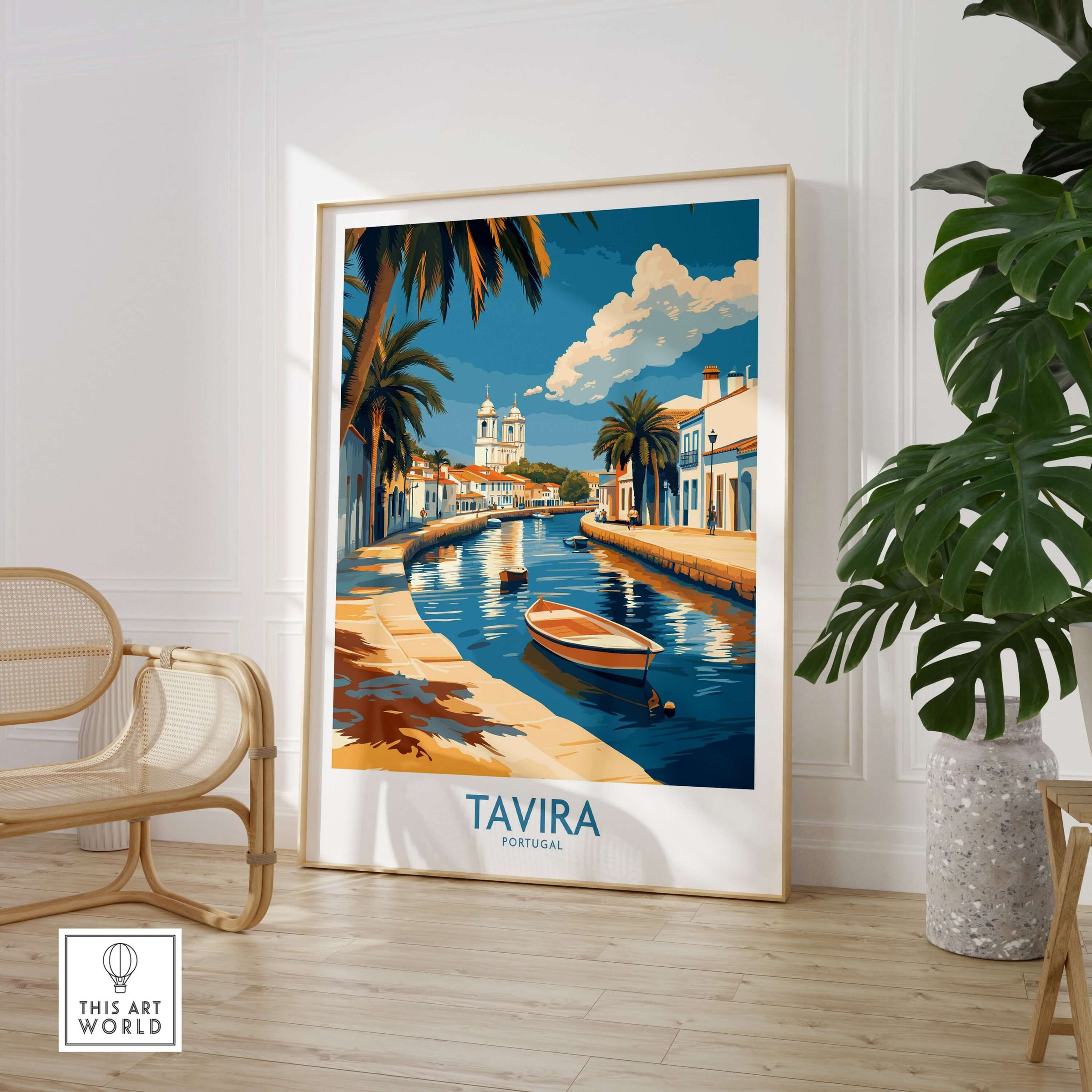 Tavira Riverside Poster, Portugal Travel Print displayed in a cozy interior with palm trees and a river scene.