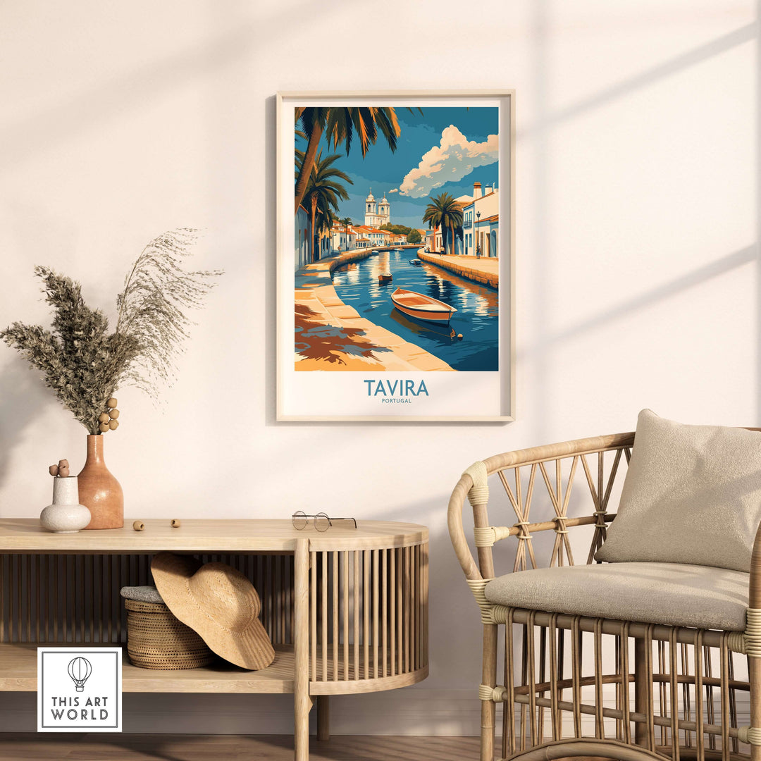 Tavira Riverside poster featuring boats and palm trees, showcasing serene Portugal landscape in a stylish room.