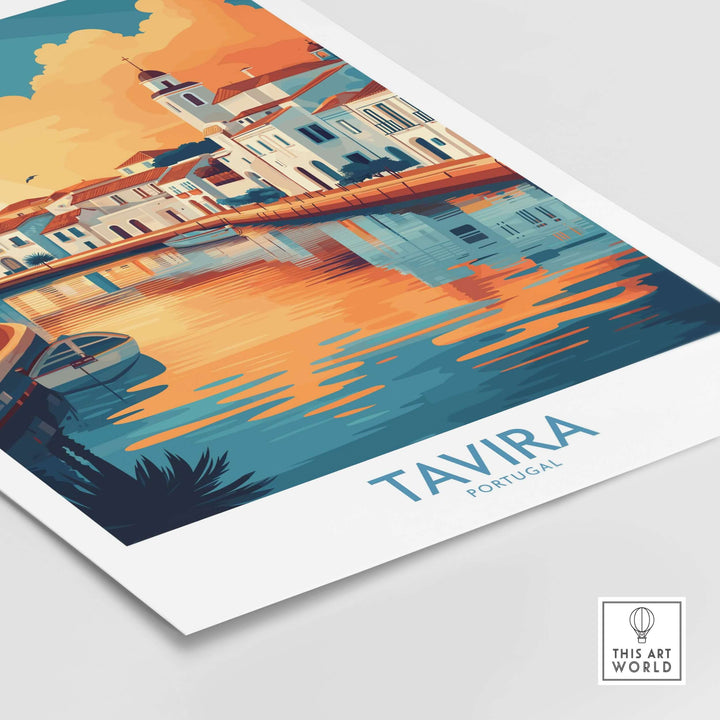 Tavira sunset poster showcasing vibrant colors of Algarve, Portugal, with scenic town reflections in water.