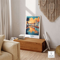 Tavira Sunset Poster, Portugal Travel Print, Algarve Wall Art displayed in a cozy living room setting.