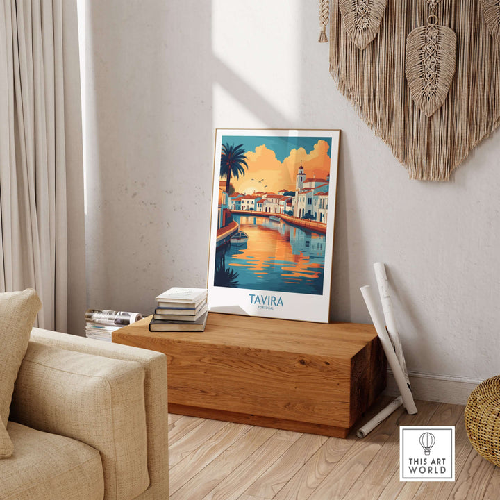 Tavira Sunset Poster showcasing Algarve, Portugal, vibrant sunset colors in a cozy living space.