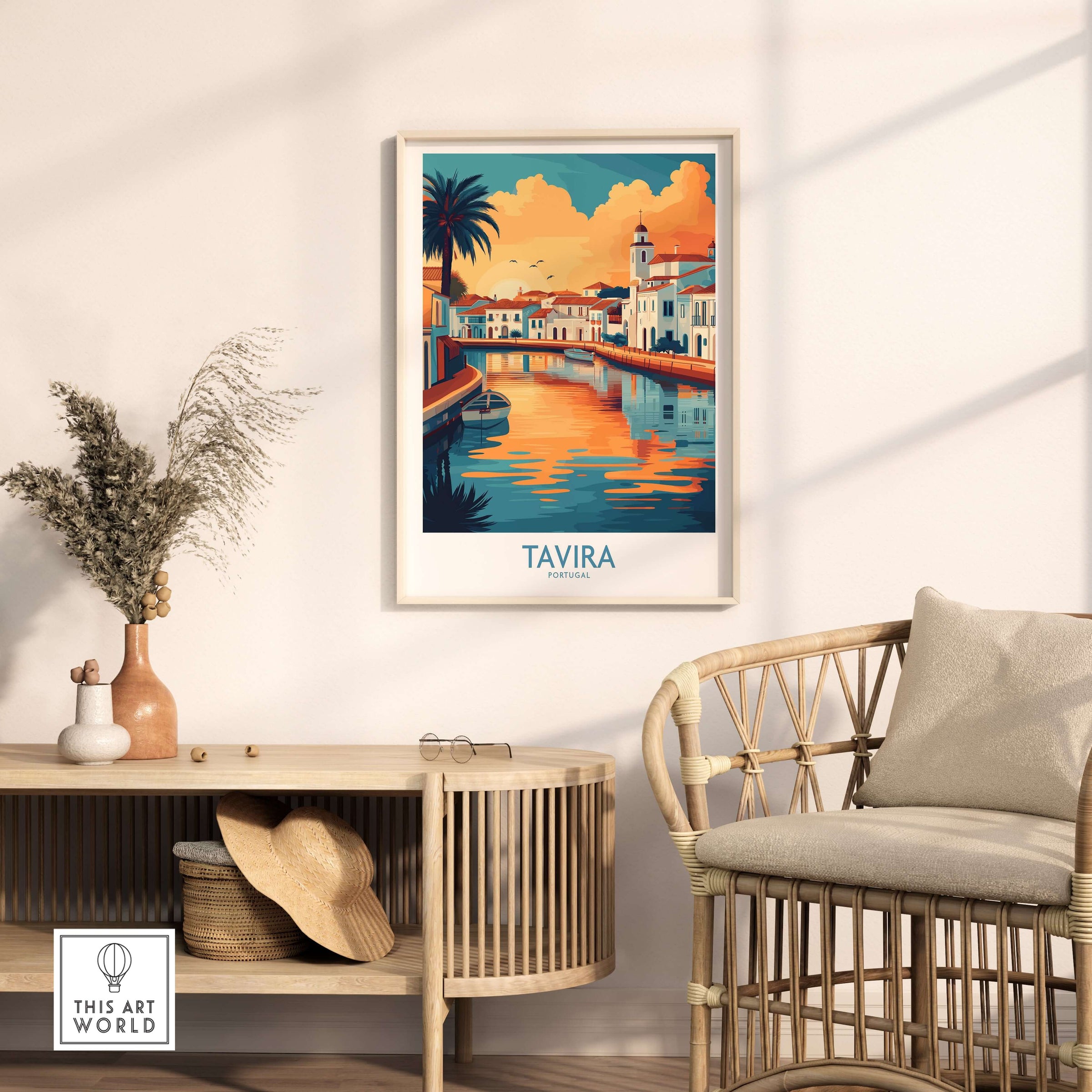 Tavira Sunset Poster, Portugal Travel Print, Algarve Wall Art displayed in a cozy living room setting.