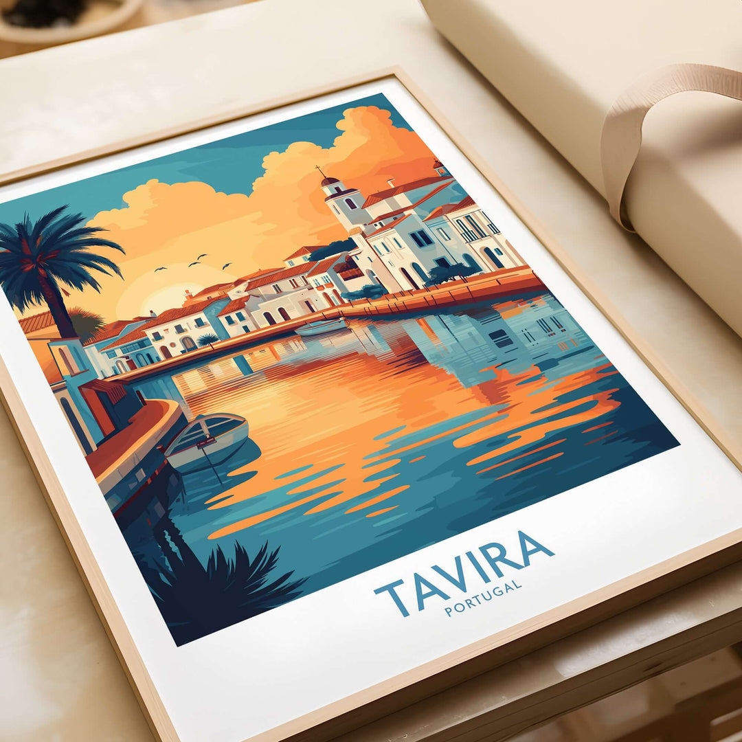 Tavira sunset poster showcasing Algarve's coast, vibrant colors reflecting on water, perfect for travel lovers.