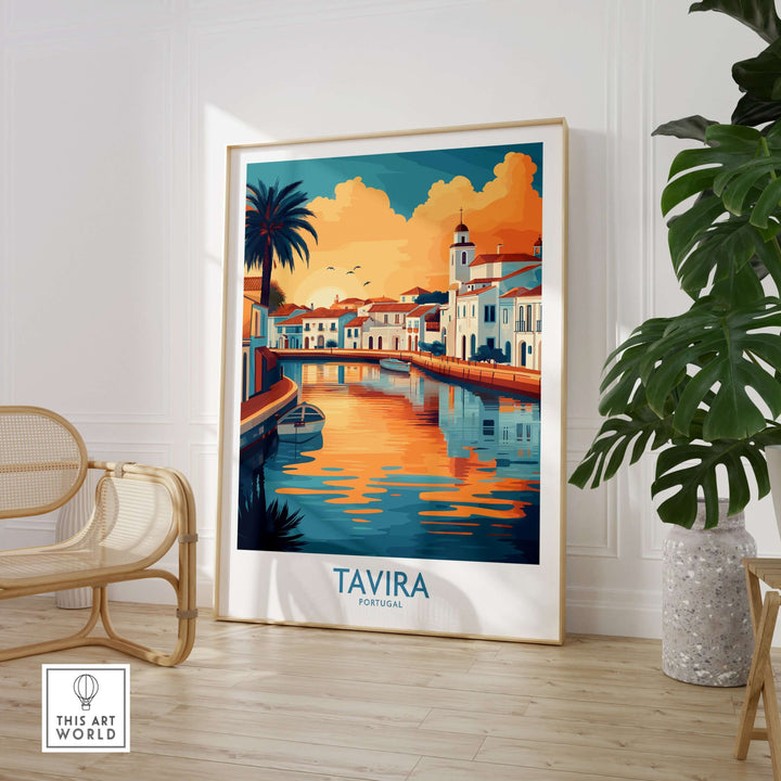 Tavira Sunset poster showcasing vibrant sunset colors over Algarve's coastal town in a stylish interior setting.